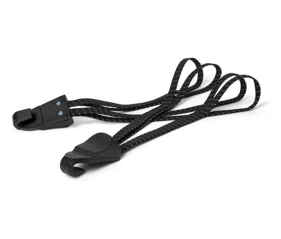 Dwa czarne, elastyczne paski z haczykami na końcach leżące na białym tle.