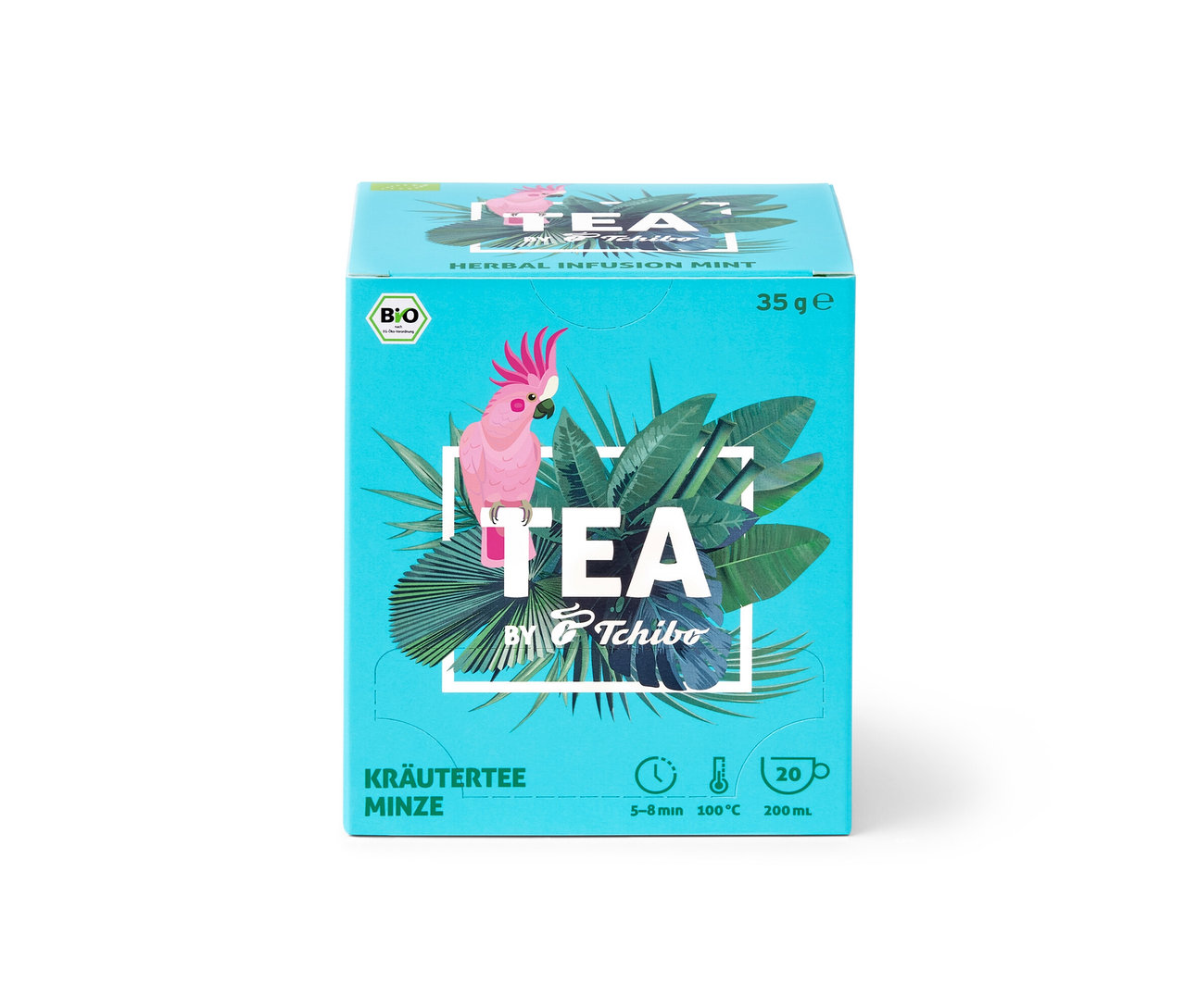 Opakowanie BIO TEA by Tchibo Mięta 8x20x1,75 g, turkusowe pudełko z kakadu i napisem TEA.