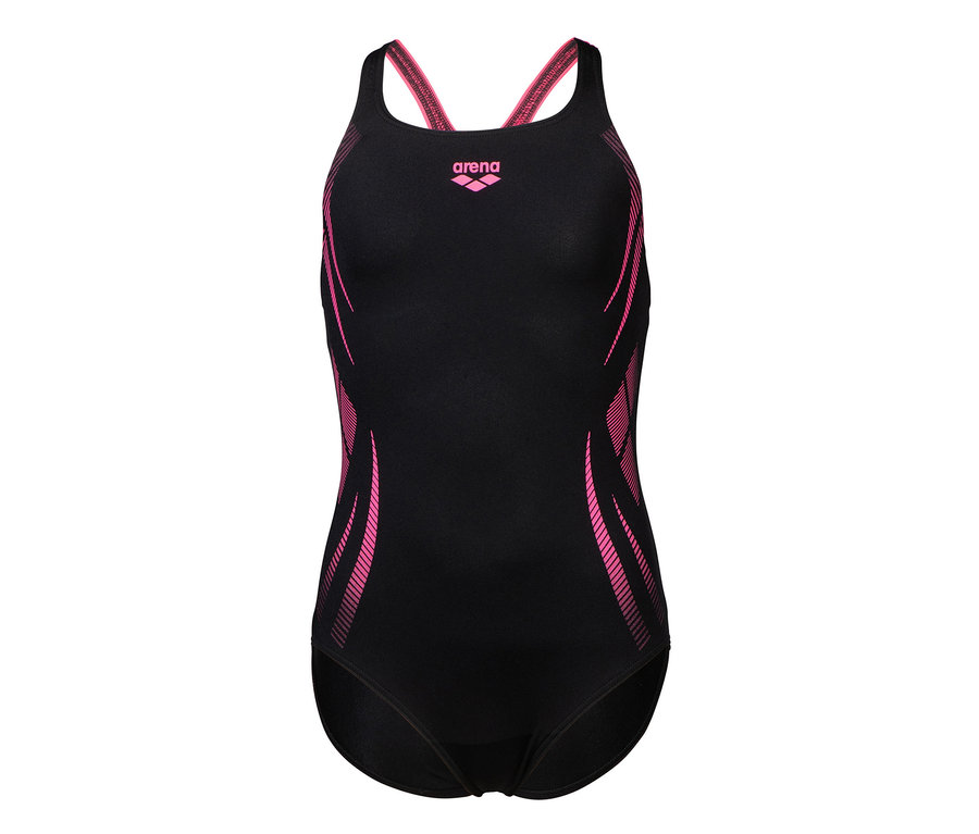 Czarny dziecięcy kostium kąpielowy arena Performance Poseidonia Swim Pro Back z różowymi detalami.