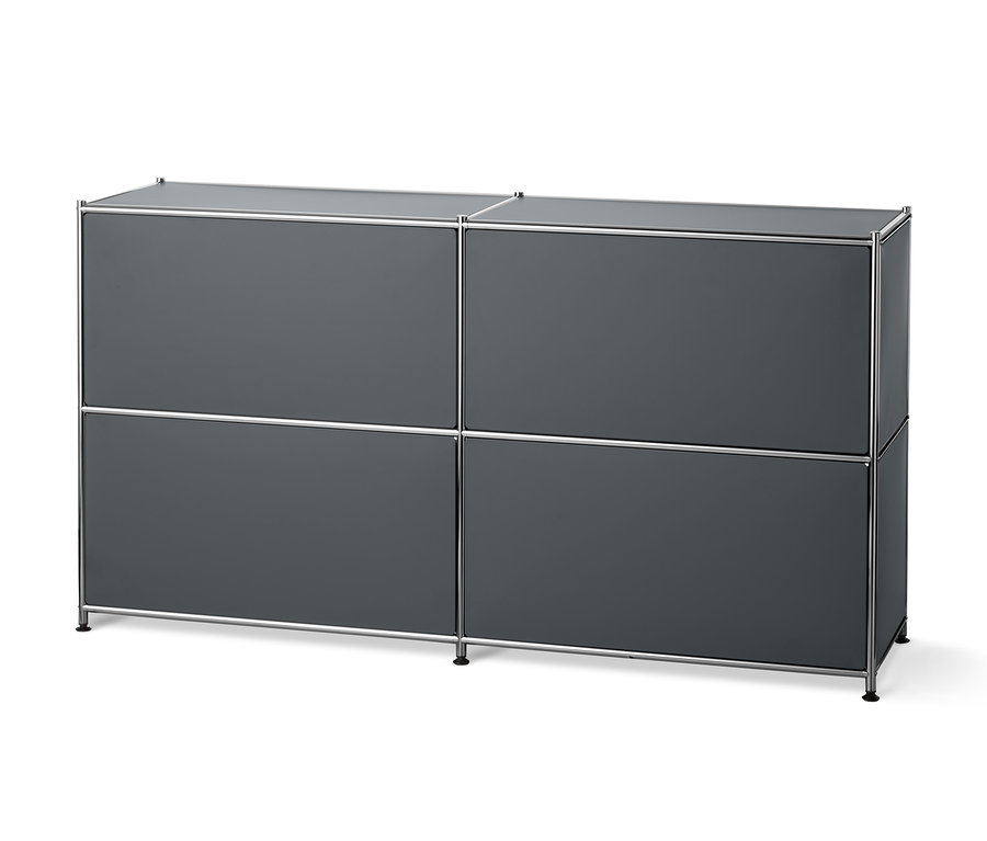Szara metalowa szafka typu sideboard z 2 przegrodami z klapami.