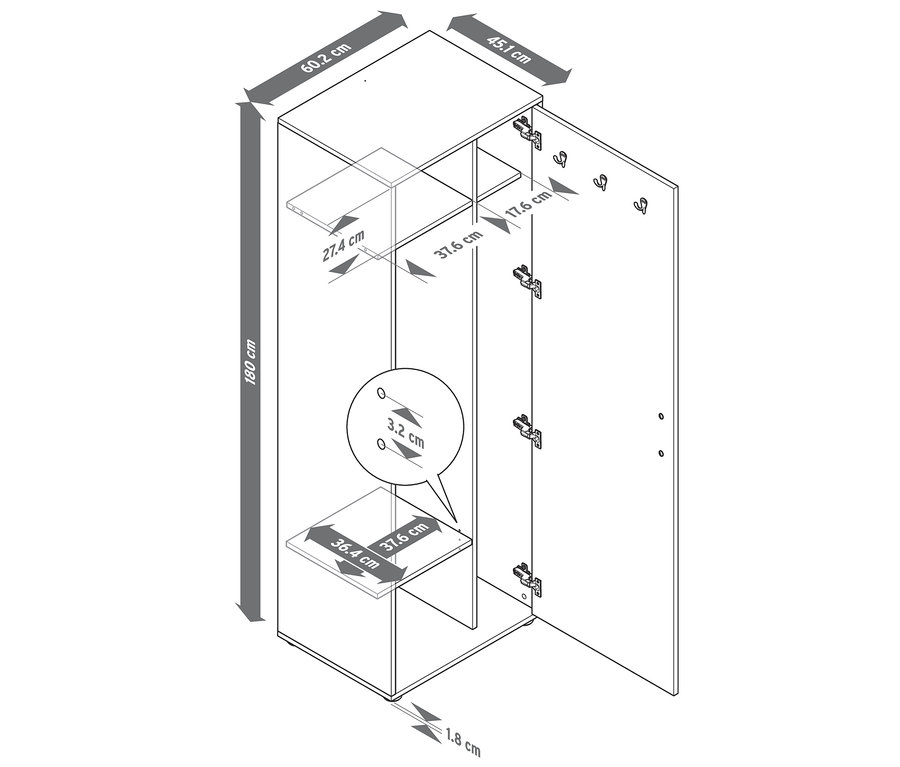Szkic szafy uniwersalnej z otwartymi drzwiami i wymiarami.