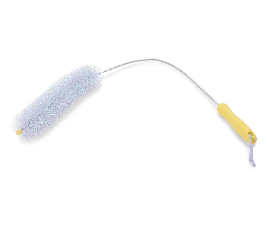 Szczotka do butelek z białym włosiem i żółtą rączką.