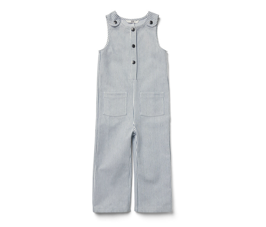 Ogrodniczki z tkaniny w niebieskie paski na białym tle.