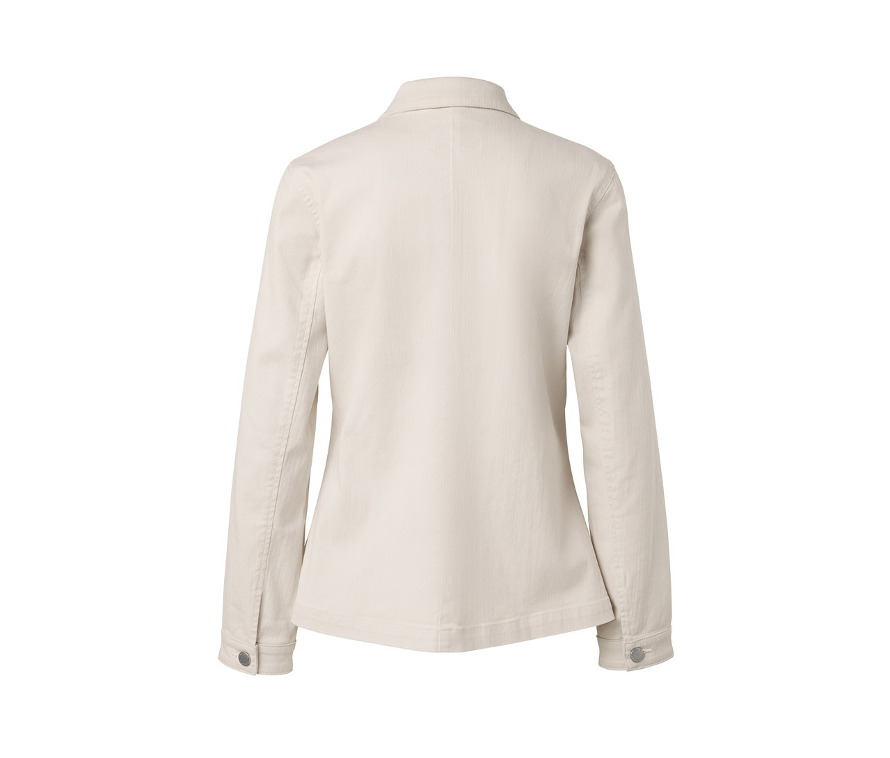 Beżowa kurtka dżinsowa z kieszeniami cargo widziana z tyłu.