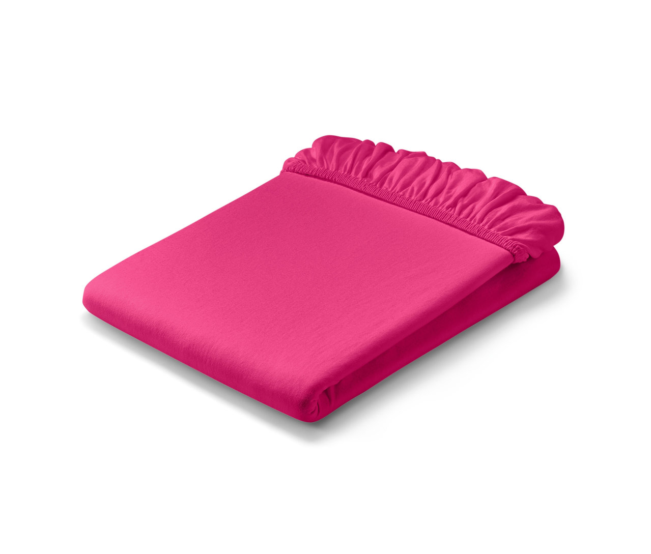 Złożone różowe prześcieradło dżersejowe z gumką w rozmiarze standardowym i prześcieradło dżersejowe z gumką w rozmiarze podwójnym.