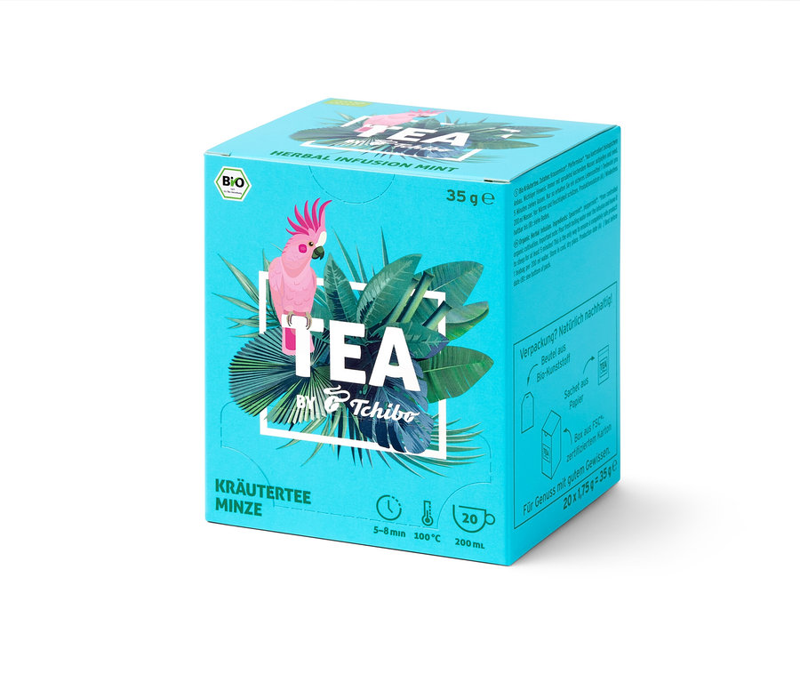 Opakowanie BIO TEA by Tchibo Mięta 8x20x1,75 g na jasnym tle.