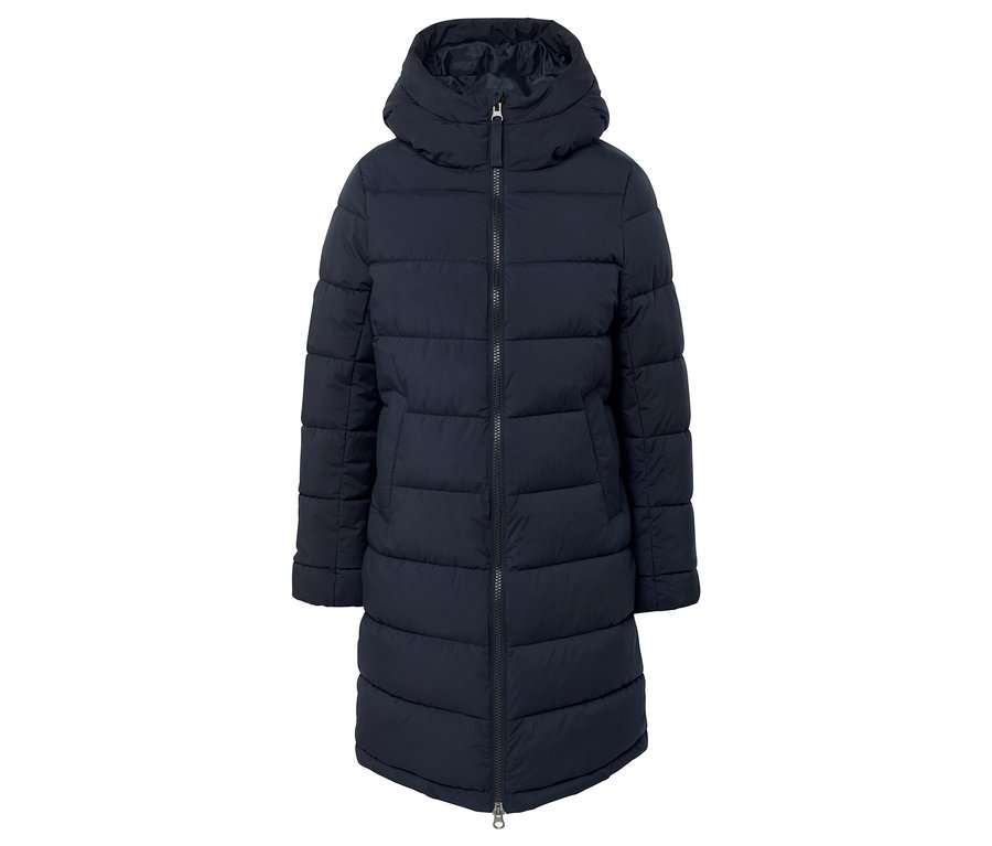 Granatowa, długa kurtka puchowa z kapturem i zamkiem błyskawicznym.