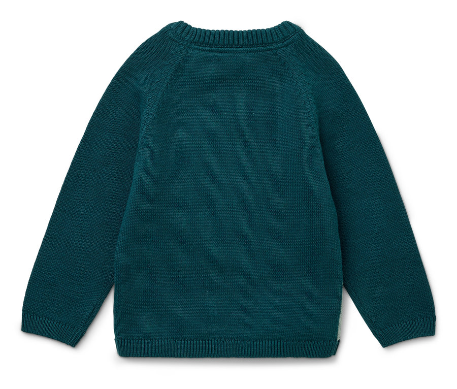 Tył zielonego swetra z długim rękawem.