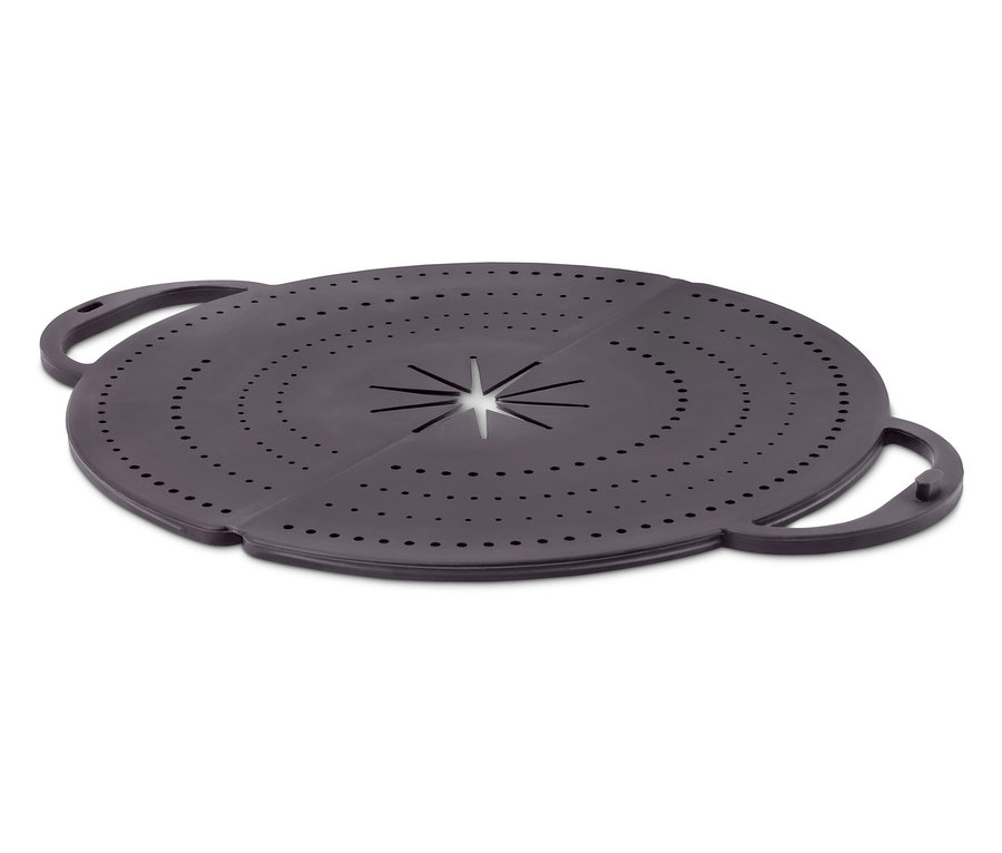 Szara, okrągła pokrywka z otworami i uchwytami na białym tle.