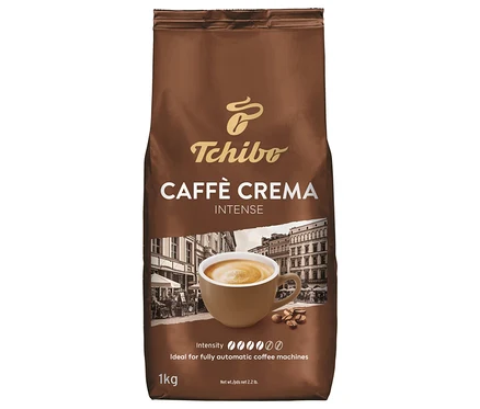 Brązowa paczka kawy ziarnistej Caffè Crema Intense firmy Tchibo z ilustracją filiżanki kawy.