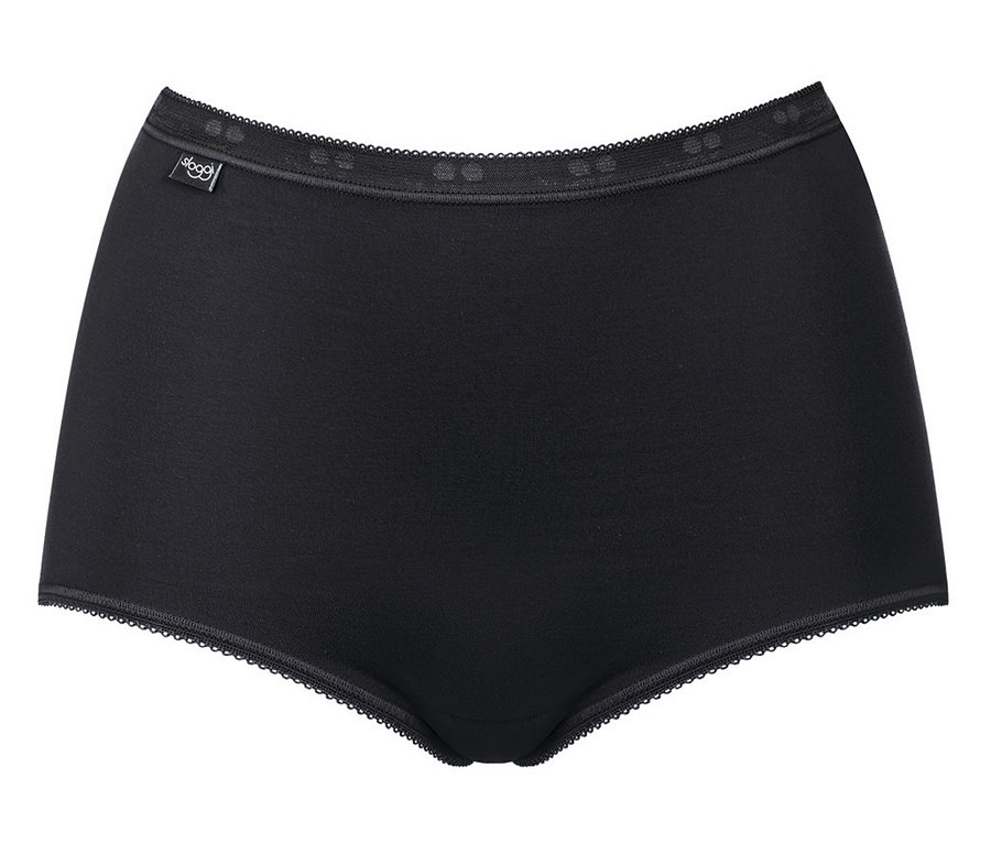 Czarne damskie majtki z koronkowym wykończeniem na białym tle.