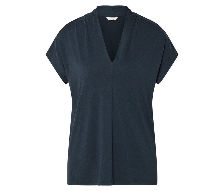 Granatowa koszulka z dekoltem w serek.