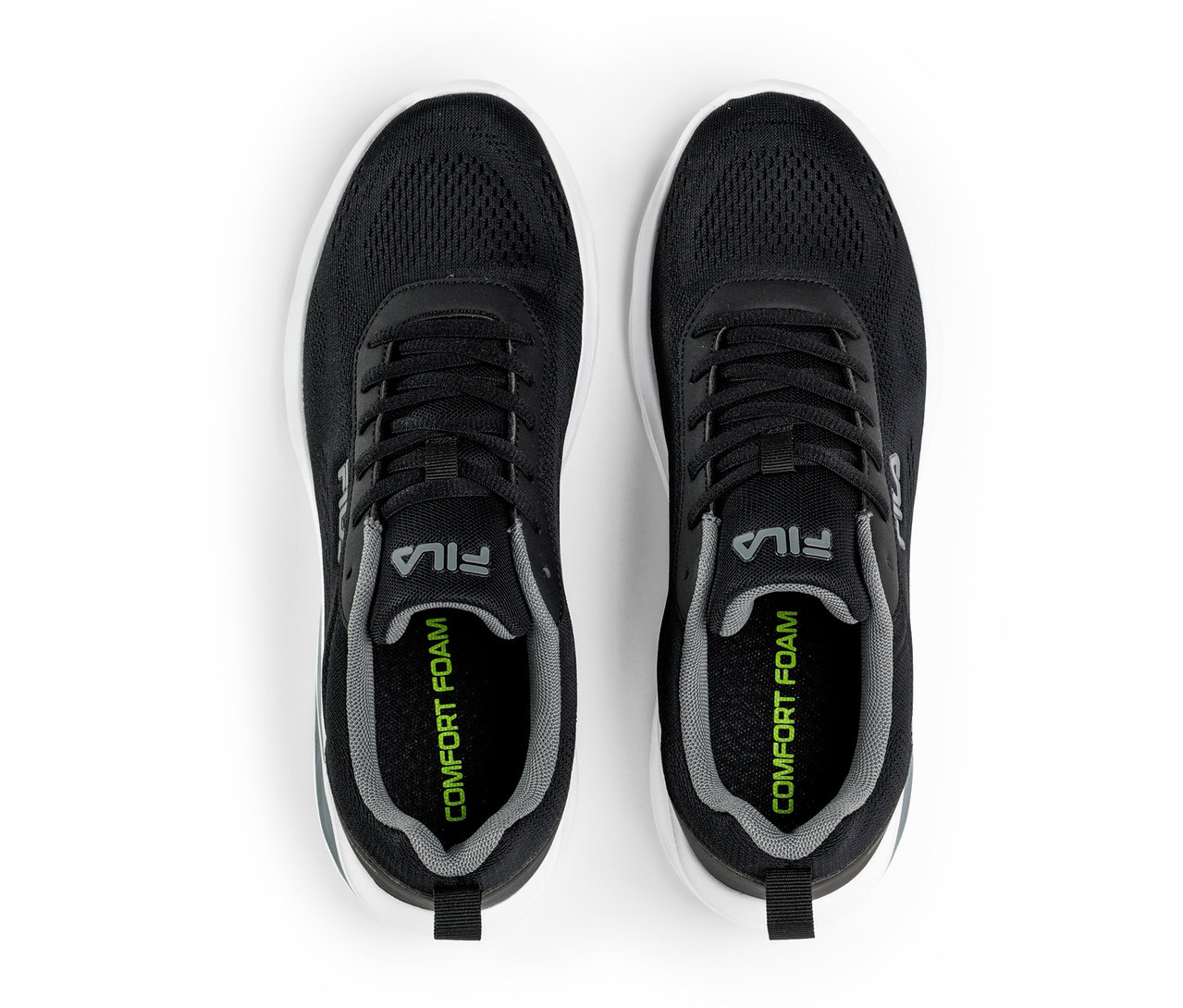 Dwa czarne sneakersy męskie FILA Specctris z białą podeszwą i szarą wkładką, widok z góry.