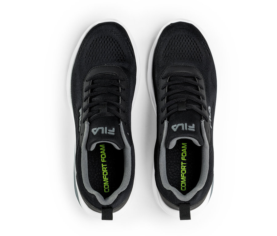 Dwa czarne sneakersy męskie FILA Specctris z białą podeszwą i szarą wkładką, widok z góry.