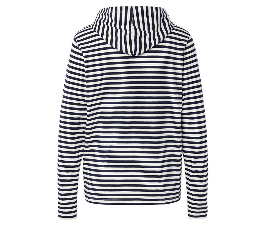 Widok z tyłu bluzy z kapturem z długim rękawem w poziome, granatowo-białe paski.