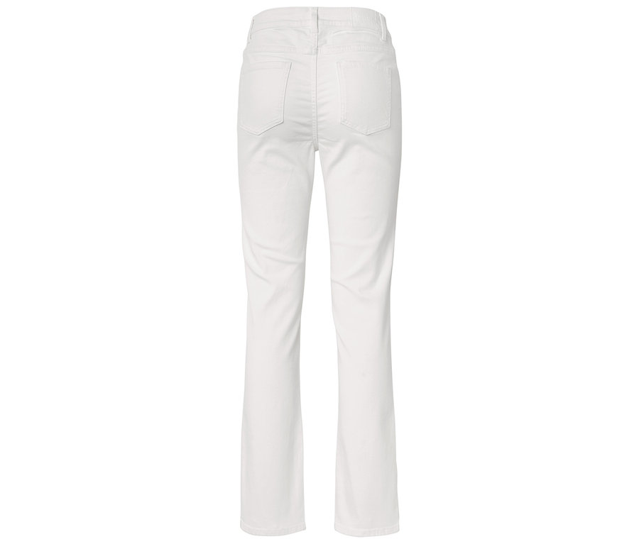 Widok z tyłu białych spodni o prostych nogawkach.