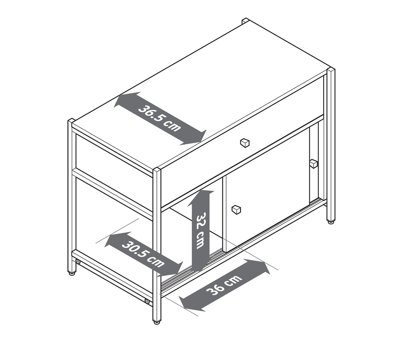 Ilustracja komody „GRADE” z szufladą i przesuwanymi drzwiami, z wymiarami.