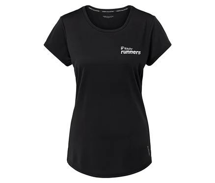 Czarne sportowa koszulka z napisem "Tchibo runners" i napisem "Sports Collection" na kołnierzu.