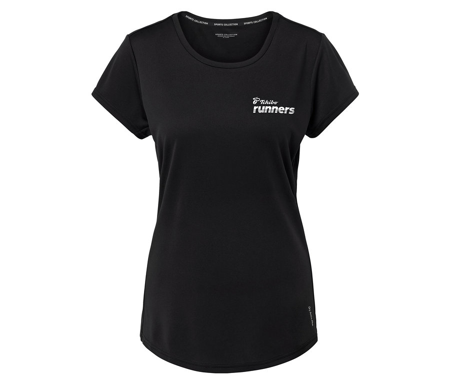 Czarne sportowa koszulka z napisem "Tchibo runners" i napisem "Sports Collection" na kołnierzu.
