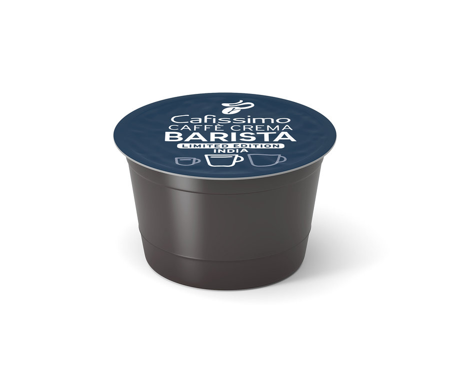 Pojedyncza ciemnoszara kapsułka kawy Cafissimo BARISTA Caffè Crema India z ciemnoniebieskim wieczkiem z białym tekstem i ikonami filiżanek kawy.
