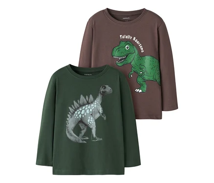 Ciemnobrązowa koszulka z długim rękawem z zielonym T-Rexem i napisem "Totally Roarsome", leżąca na ciemnozielonej koszulce z szarym dinozaurem.