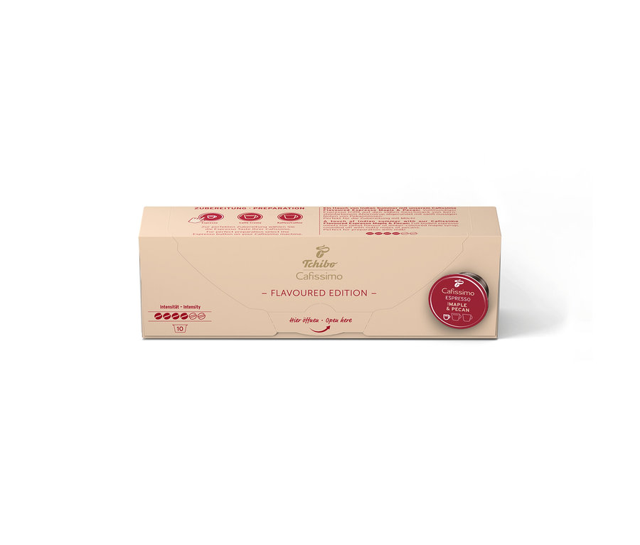 Jasnobrązowe kartonowe opakowanie Cafissimo Flavoured Espresso Maple & Pecan z 10 kapsułkami, wskaźnikiem intensywności i czerwoną etykietą.