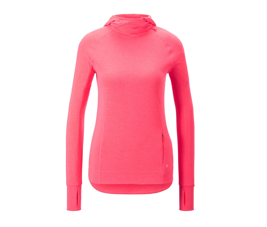 Różowa damska bluza do biegania z kapturem i długim rękawem.