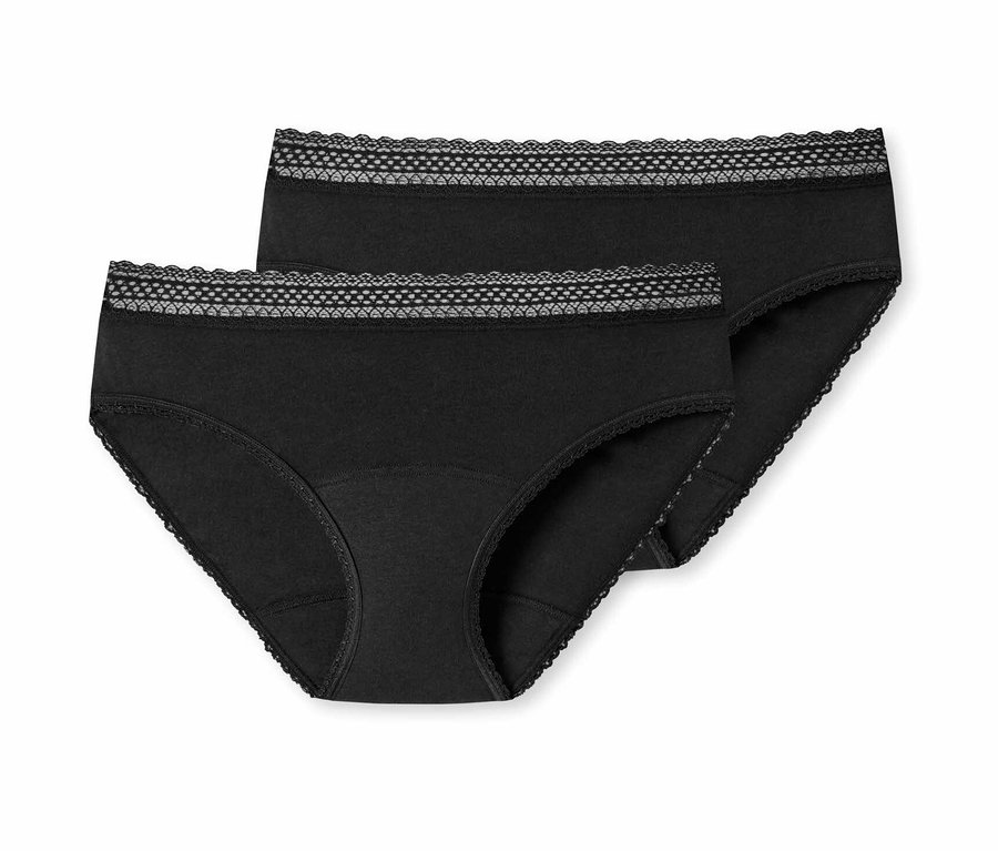 Dwie pary czarnych fig menstruacyjnych SCHIESSER z koronką w pasie.