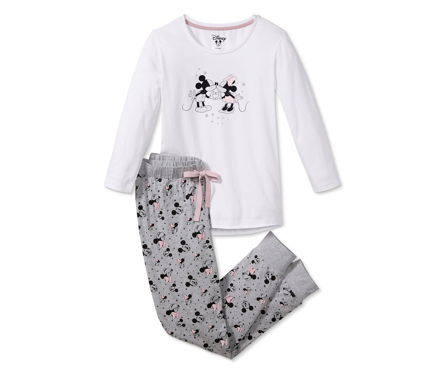 Biała piżama »Disney« z szarymi spodniami, zadrukowana postaciami Myszki Miki i Minnie.