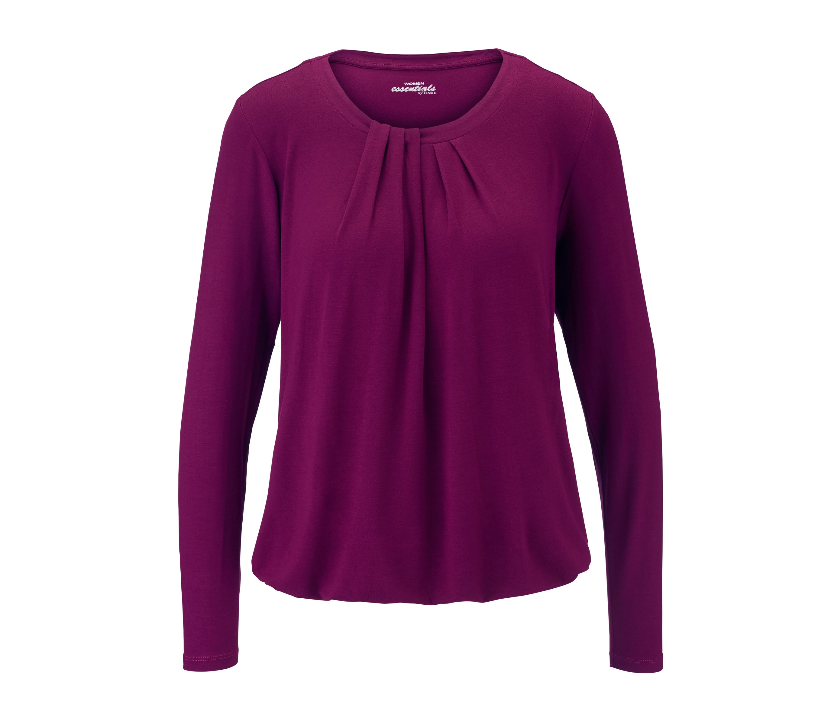Magenta bluzka damska z długim rękawem i ozdobnym dekoltem.