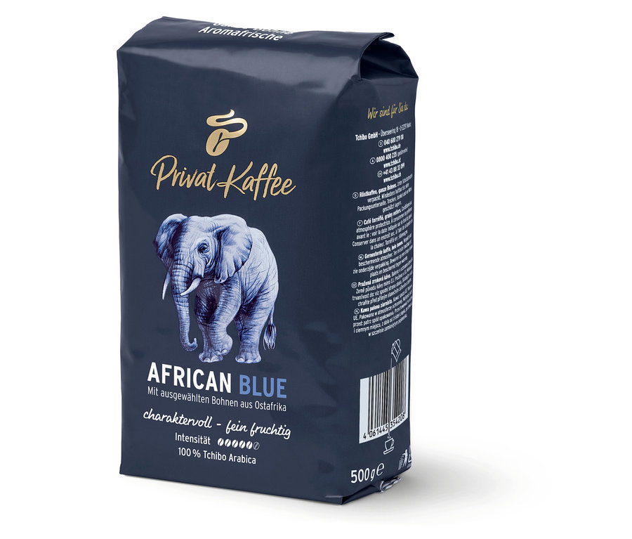 Widoczna paczka kawy ziarnistej Privat Kaffee African Blue z motywem słonia.