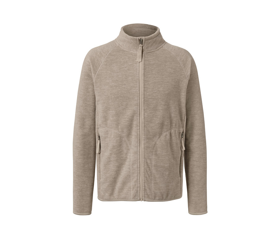 Beżowa kurtka z polaru zapinana na środku na zamek błyskawiczny.