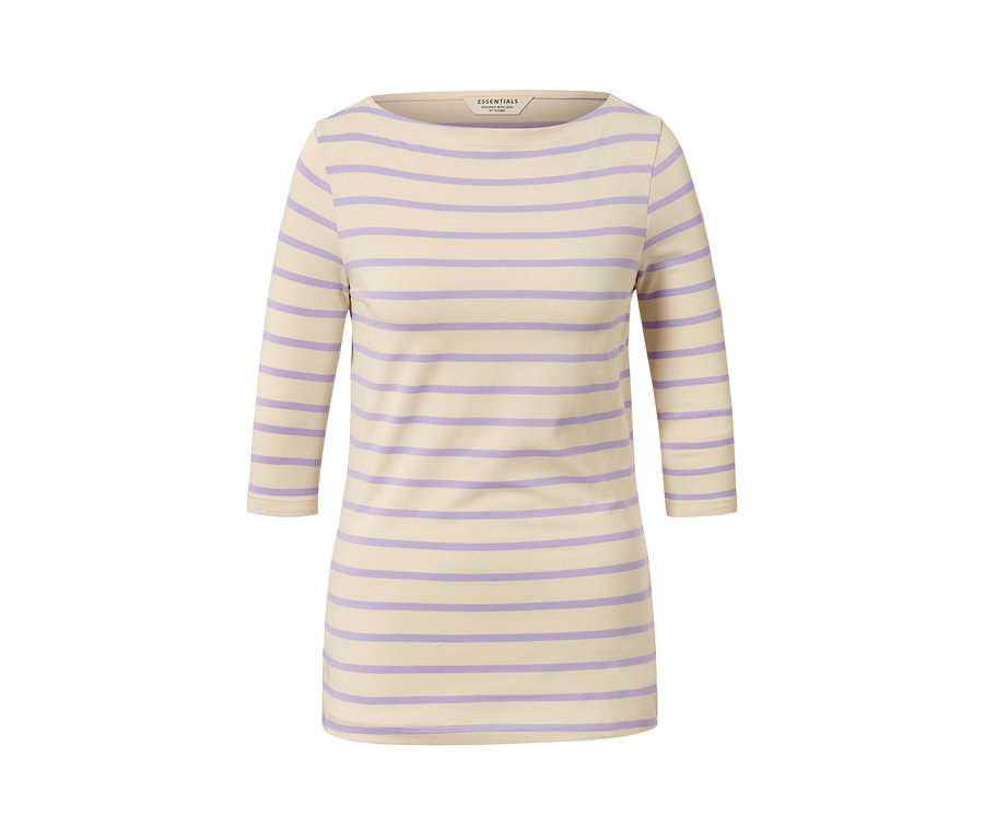 Bluzka w paski beżowo-liliowe z rękawem 3/4.