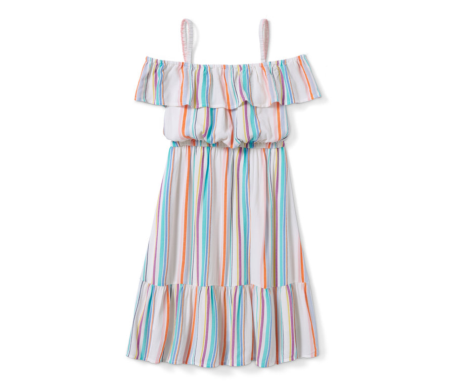 Biała tkana sukienka z wiskozy w kolorowe paski z falbanami.