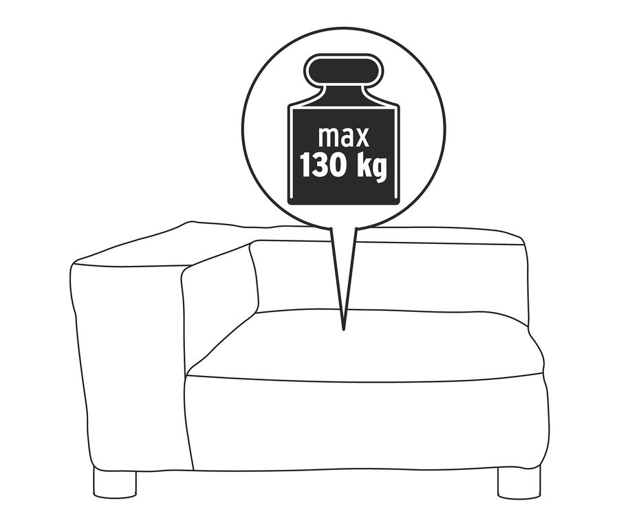 Szkic sofy modułowej SCAPA „Berlin”, element narożny lewy, o maksymalnym obciążeniu 130 kg.