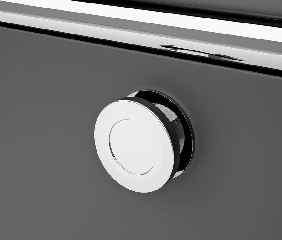 Szczegół szarej metalowej komody »CN3« z 4 przegródkami z klapami i okrągłym, chromowanym uchwytem.