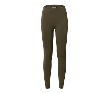 Khaki legginsy z lamówką na białym tle.