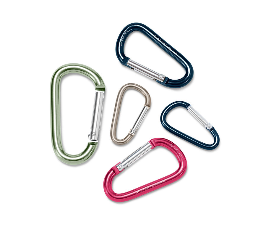 Pięć karabińczyków w różnych kolorach (zielony, szary, różowy i dwa niebieskie) leży na białym tle.