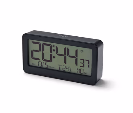 Czarny budzik cyfrowy z wyświetlaczem LCD sterowany sygnałem radiowym pokazuje godzinę 20:44.