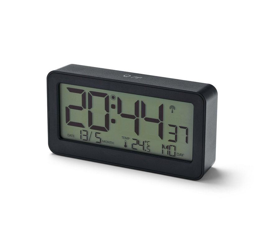 Czarny budzik cyfrowy z wyświetlaczem LCD sterowany sygnałem radiowym pokazuje godzinę 20:44.