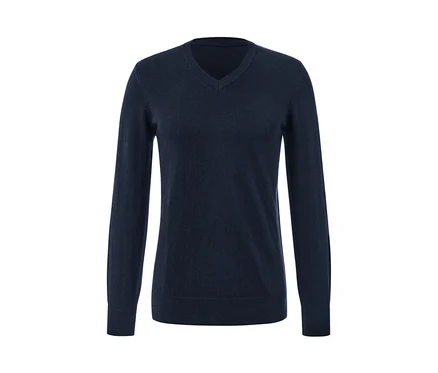 Granatowy sweter z dekoltem w szpic.