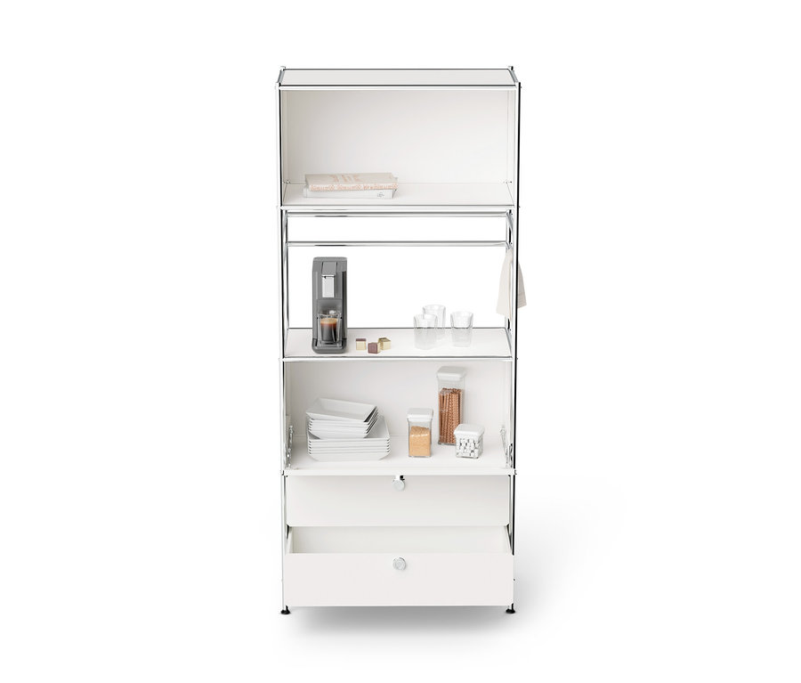 Biały metalowy regał „CN3” z 1 klapą, 2 szufladami i zawartością.