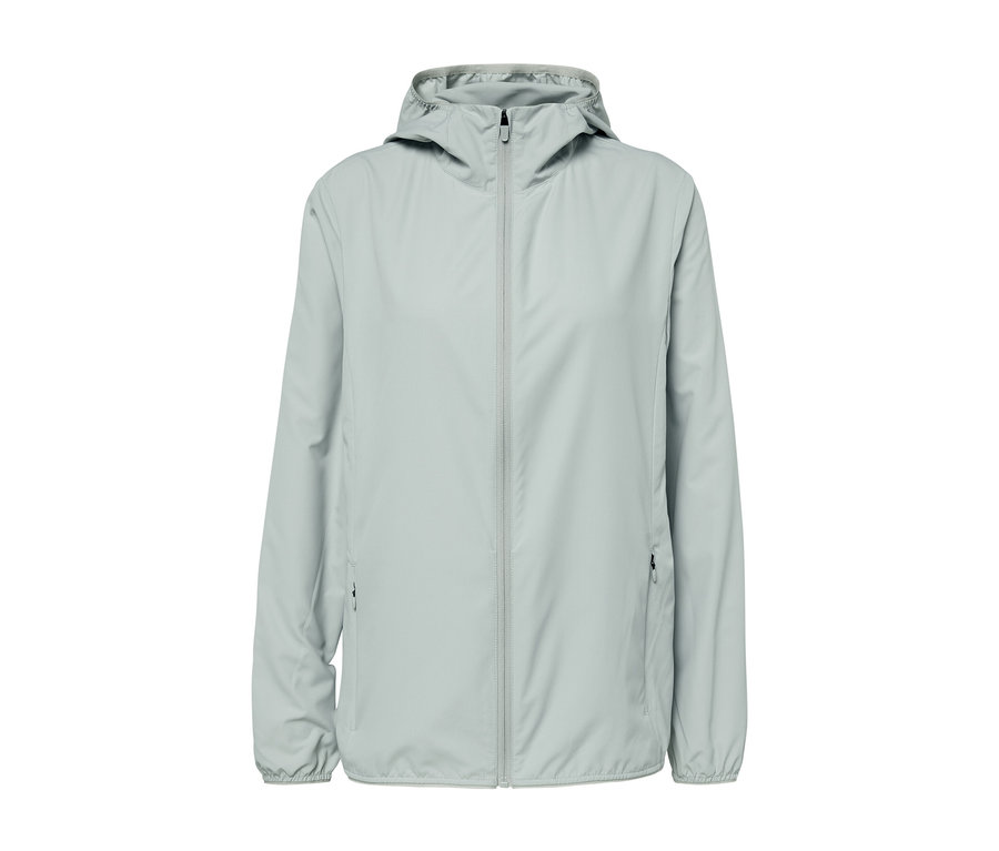 Szara kurtka funkcyjna z możliwością spakowania z zamkiem błyskawicznym pośrodku.