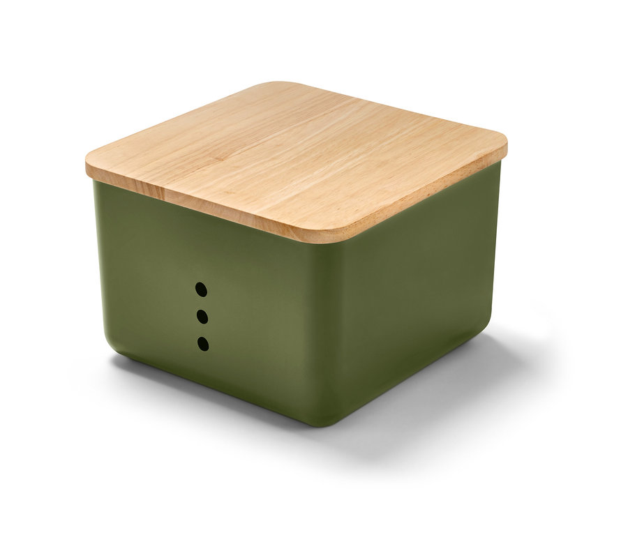 Zielone pudełko do przechowywania z pokrywką.