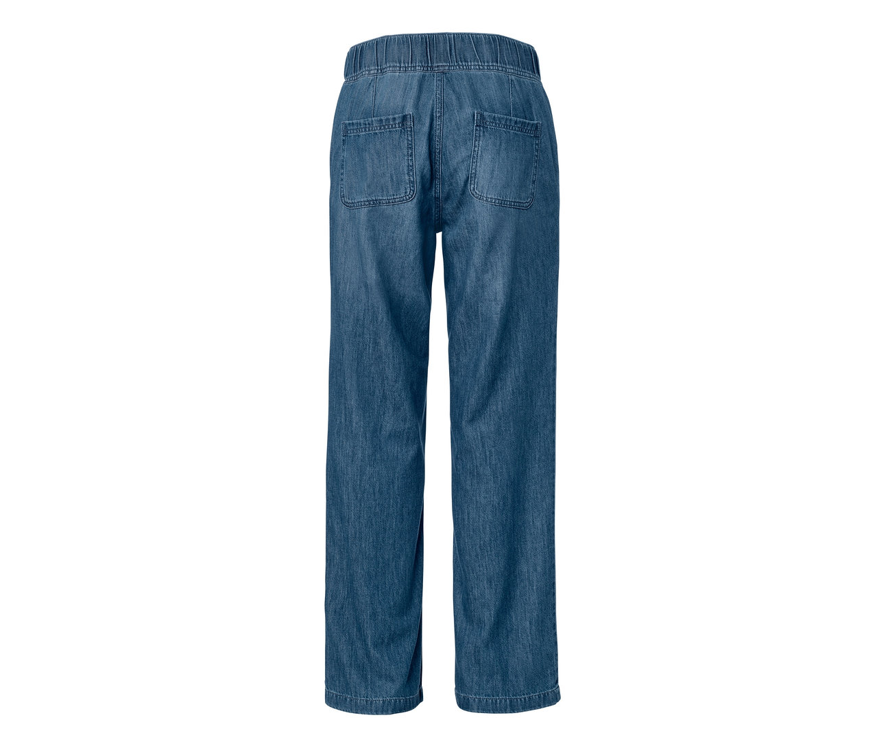 Szczegół szerokich spodni dżinsowych z dwiema tylnymi kieszeniami.