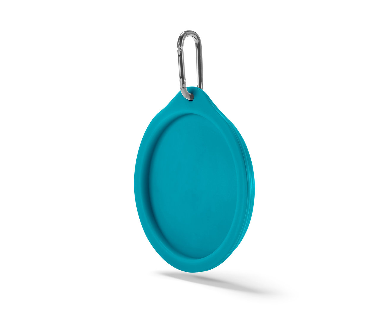 Niebieska składana miska na karmę z karabińczykiem.