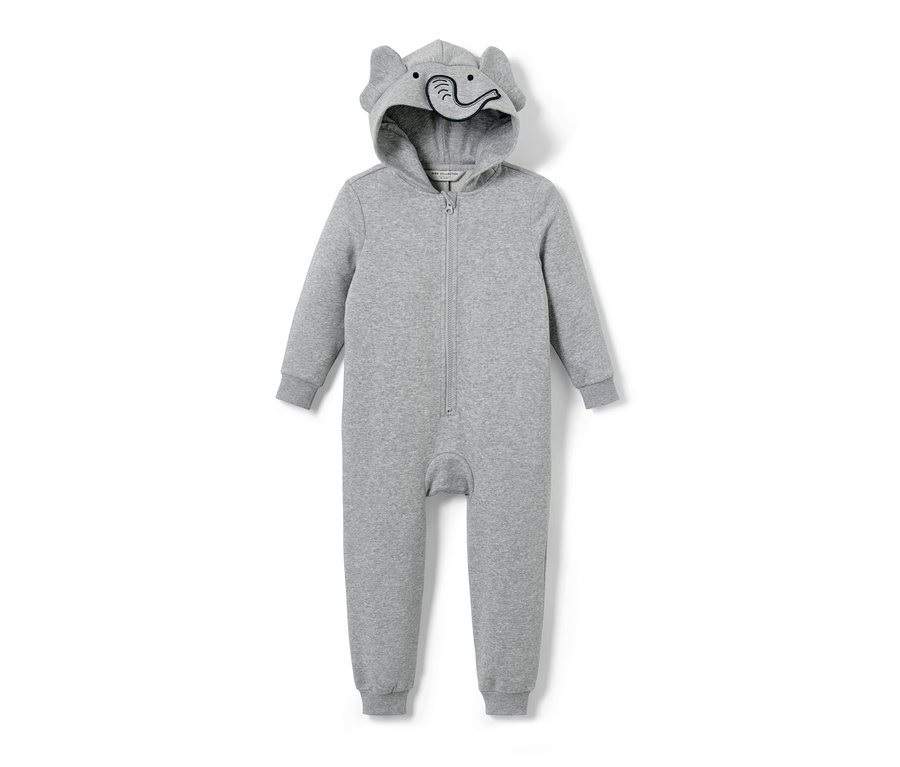 Szary kombinezon dresowy dla dzieci z kapturem i uszami słonia.