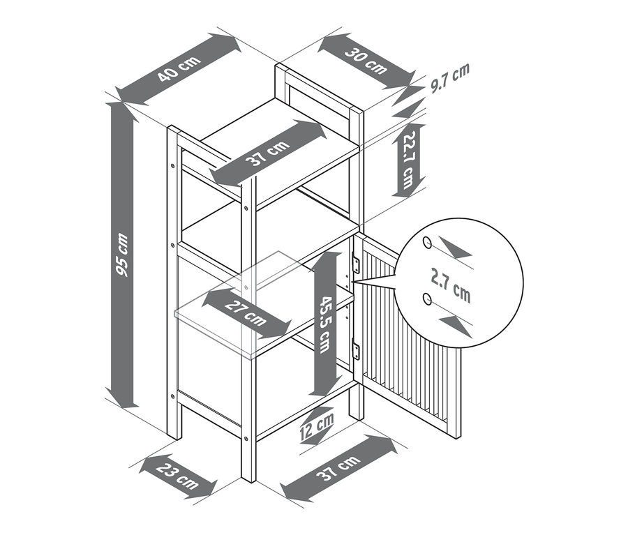 Rysunek szafki w stylu skandynawskim z podanymi wymiarami.