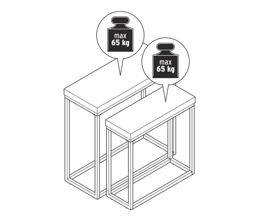 Rysunek zestawu konsol z blatem z policementu i maksymalnym obciążeniem 65 kg.