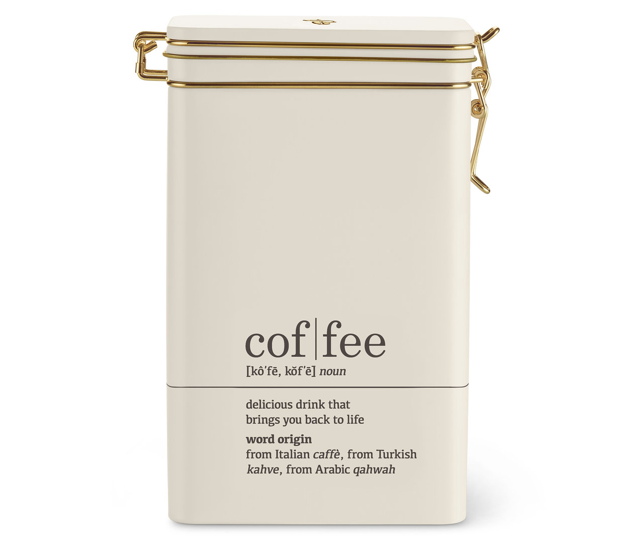 Kremowa puszka na kawę, słownik kawy, ze złotym zamknięciem.
